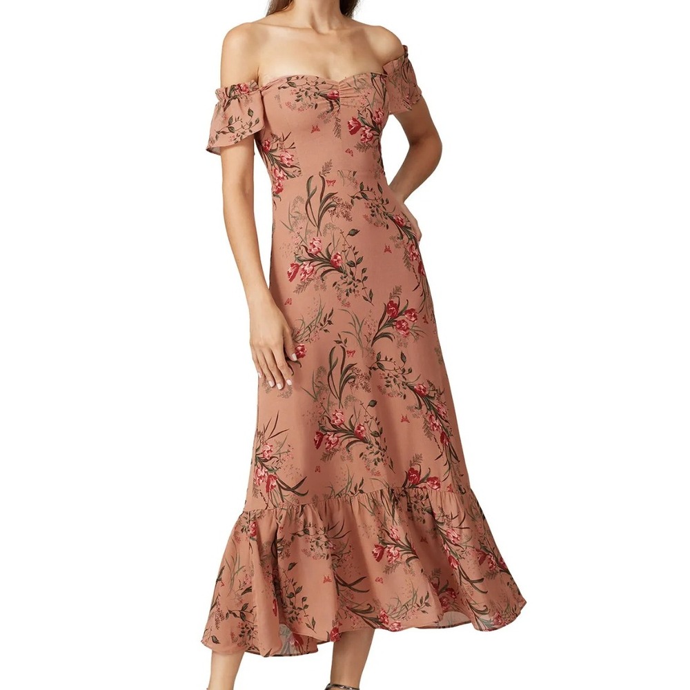 Reformation Butterfly Off The Shoulder Floral Dress in Terracotta Pink sz 6